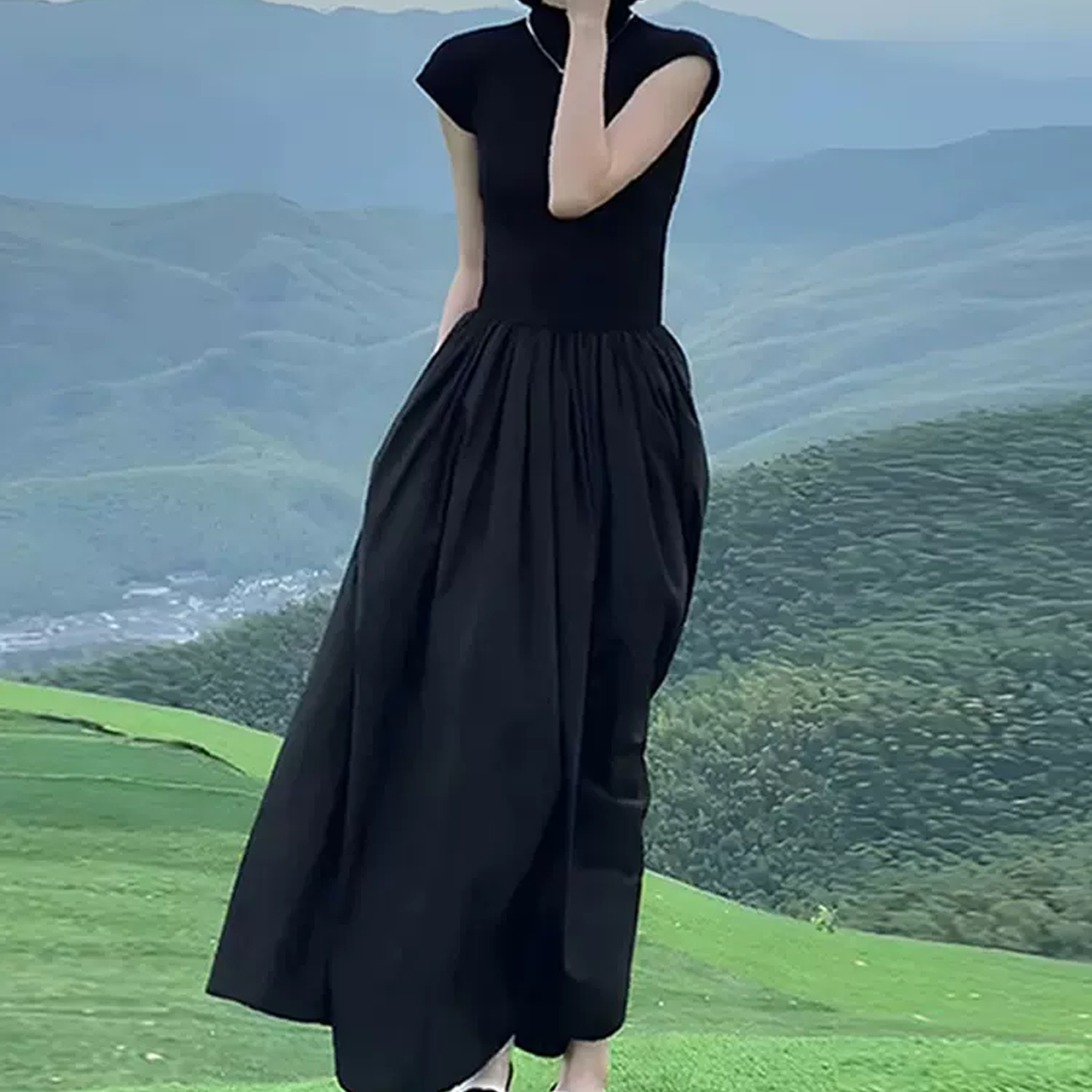 Nelipo women's black dresses Summer T-shirt long skirt Slim temperament