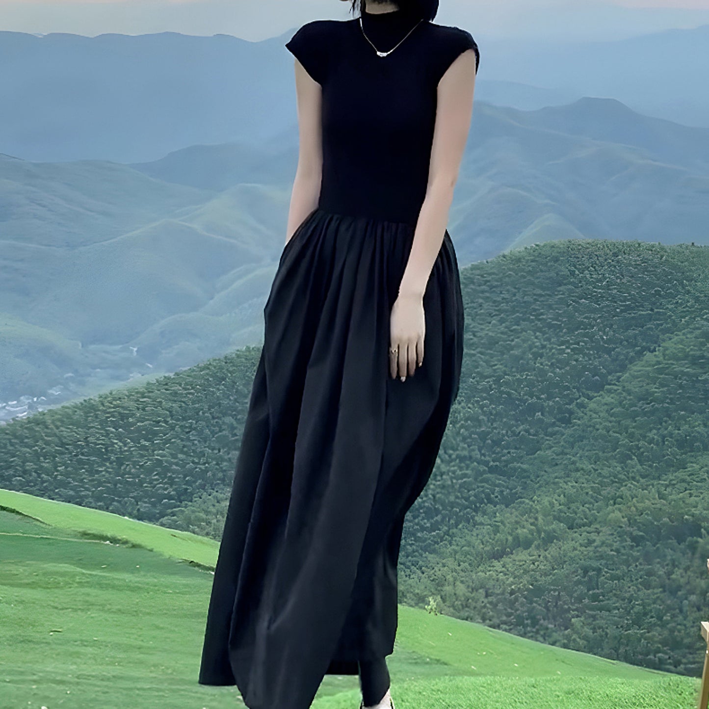 Nelipo women's black dresses Summer T-shirt long skirt Slim temperament