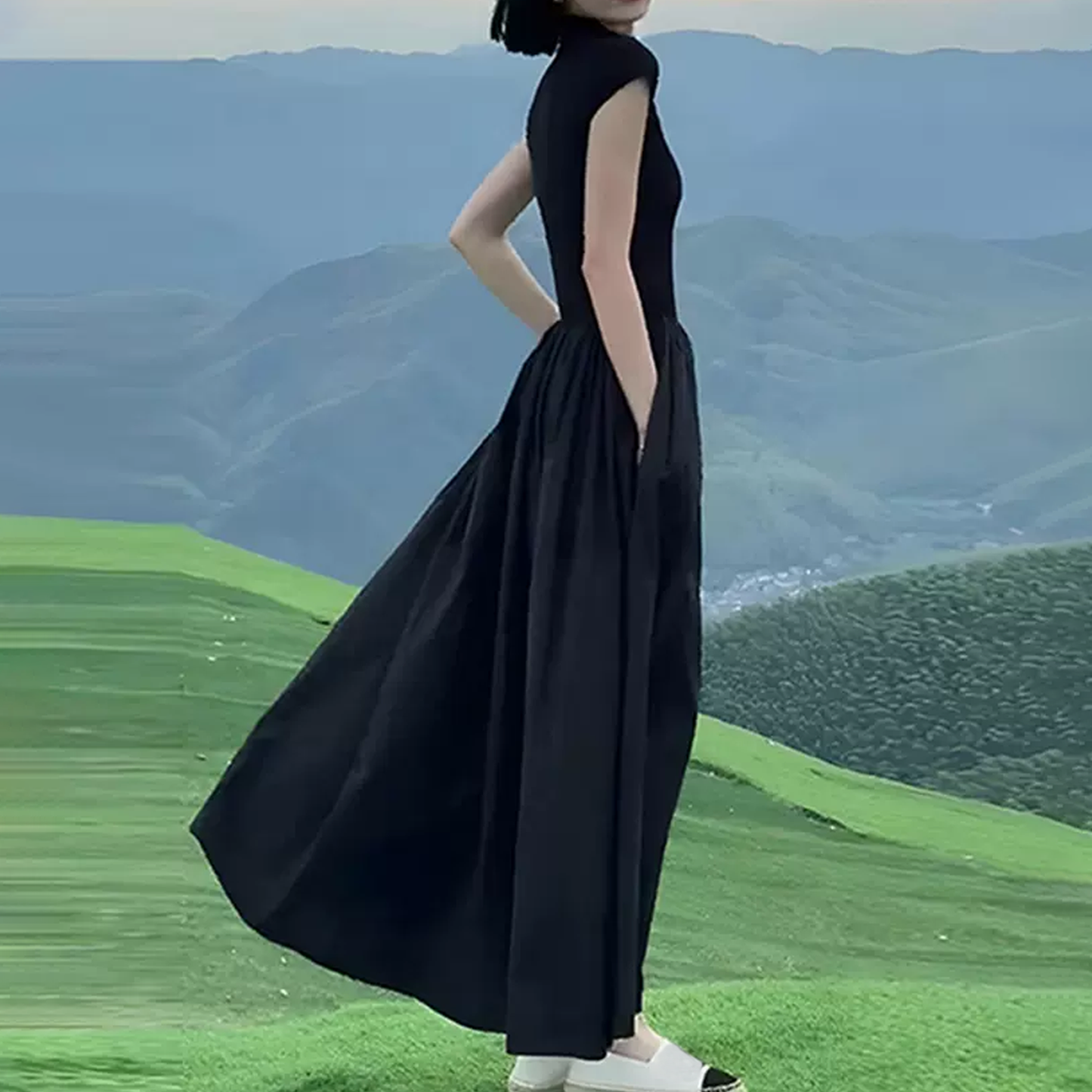 Nelipo women's black dresses Summer T-shirt long skirt Slim temperament