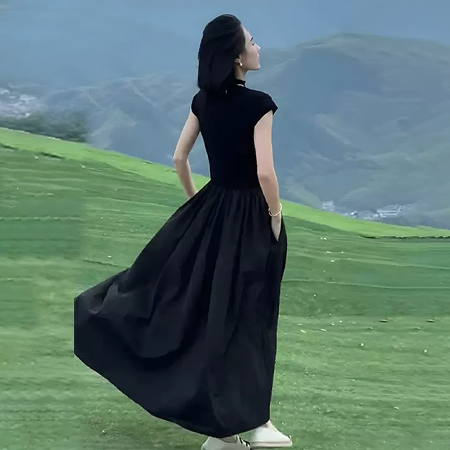Nelipo women's black dresses Summer T-shirt long skirt Slim temperament